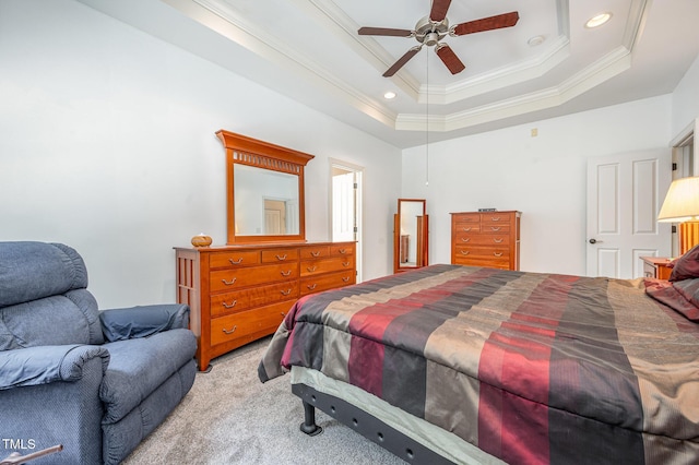 1513 Anterra Dr, Wake Forest, NC 27587 - bedroom featuring light carpet, crown molding, ceiling fan, recessed lighting, and a tray ceiling