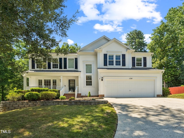 104 Pellinore Ct, Cary, NC 27513 - view of front of house featuring an attached garage, concrete driveway, and covered porch