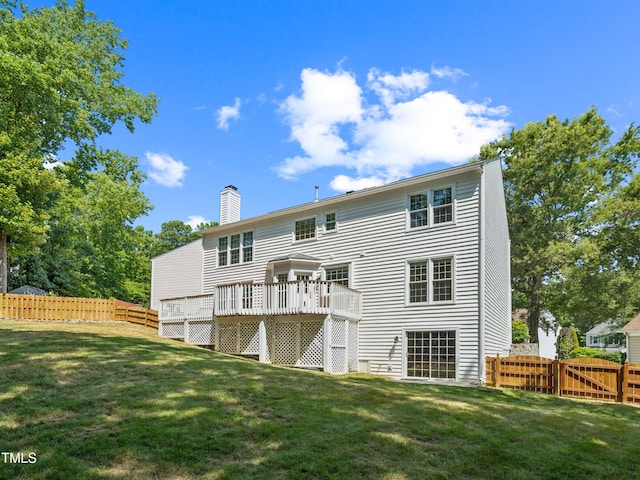 104 Pellinore Ct, Cary, NC 27513 - rear view of property with a wooden deck, a fenced backyard, and a chimney