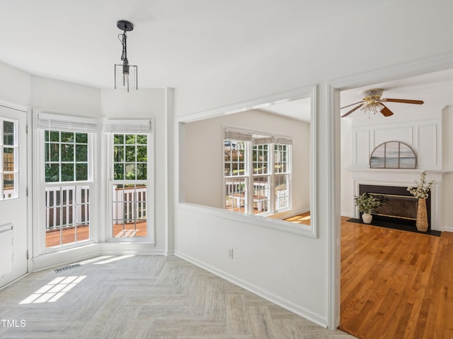 104 Pellinore Ct, Cary, NC 27513 - unfurnished dining area featuring a ceiling fan and baseboards