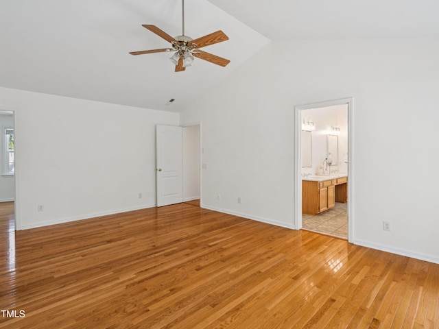 104 Pellinore Ct, Cary, NC 27513 - unfurnished bedroom featuring light wood-type flooring, high vaulted ceiling, and ensuite bath