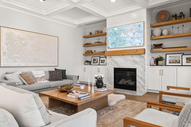 2105 Gardenbrook Dr, Raleigh, NC 27606 - living area with crown molding, beamed ceiling, wood finished floors, coffered ceiling, and a fireplace