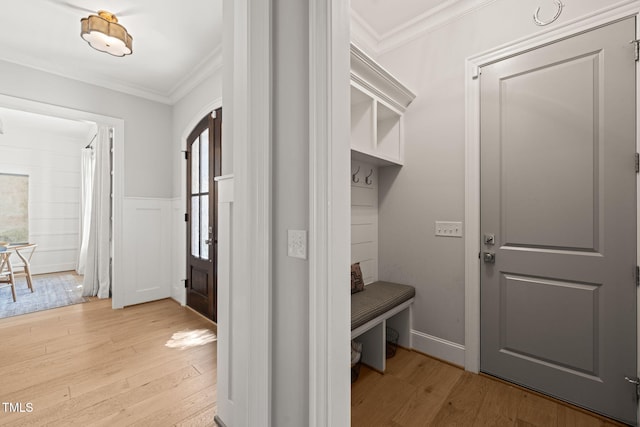2105 Gardenbrook Dr, Raleigh, NC 27606 - mudroom with ornamental molding and light wood-type flooring