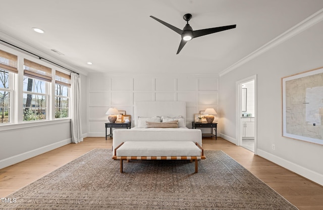 2105 Gardenbrook Dr, Raleigh, NC 27606 - bedroom featuring crown molding, wood finished floors, connected bathroom, recessed lighting, and ceiling fan