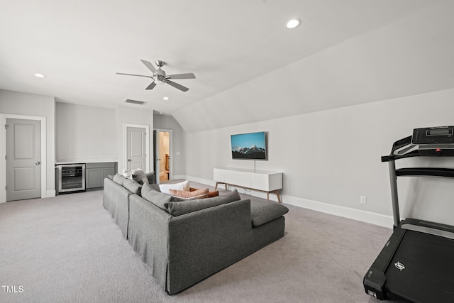 2105 Gardenbrook Dr, Raleigh, NC 27606 - living area featuring beverage cooler, light colored carpet, recessed lighting, vaulted ceiling, and a bar