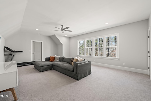 2105 Gardenbrook Dr, Raleigh, NC 27606 - carpeted living area featuring a ceiling fan, recessed lighting, and lofted ceiling