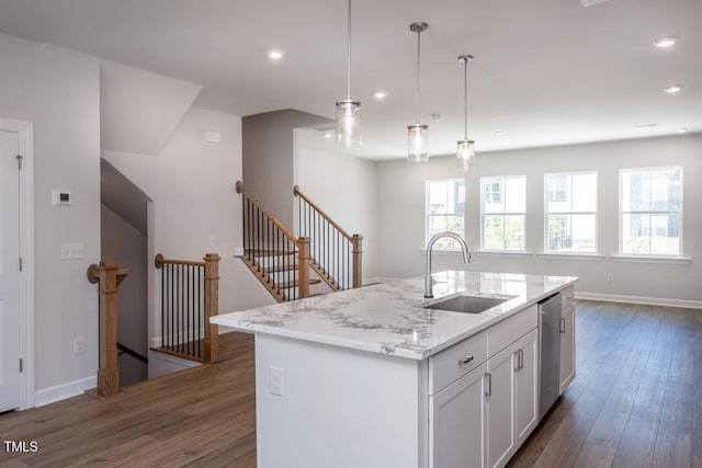 4703 Mint Leaf Ln, Raleigh, NC 27612 - kitchen featuring dark wood finished floors, white cabinetry, light stone counters, and recessed lighting