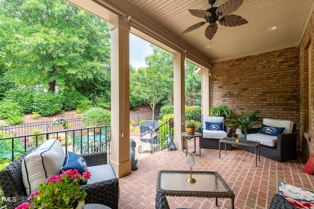 4164 English Garden Way, Raleigh, NC 27612 - fenced backyard with an outdoor living space, a patio area, ceiling fan, and a grill