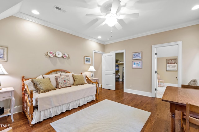 4164 English Garden Way, Raleigh, NC 27612 - bedroom with ornamental molding, recessed lighting, wood finished floors, a ceiling fan, and ensuite bath
