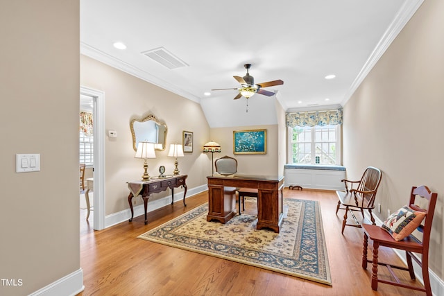 4164 English Garden Way, Raleigh, NC 27612 - office with ornamental molding, a ceiling fan, wood finished floors, and recessed lighting
