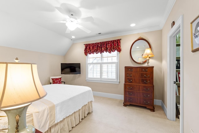 4164 English Garden Way, Raleigh, NC 27612 - bedroom with light carpet, vaulted ceiling, recessed lighting, ornamental molding, and a ceiling fan