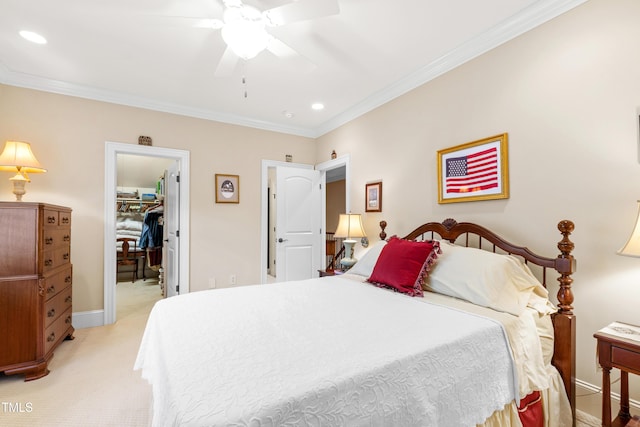 4164 English Garden Way, Raleigh, NC 27612 - bedroom with crown molding, light colored carpet, recessed lighting, a walk in closet, and ceiling fan