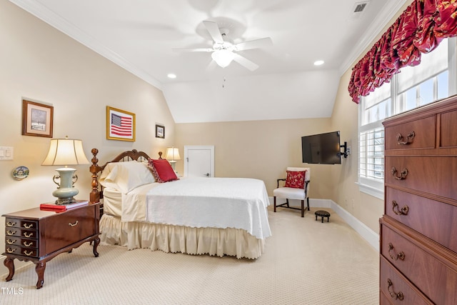 4164 English Garden Way, Raleigh, NC 27612 - bedroom with light colored carpet, crown molding, vaulted ceiling, recessed lighting, and ceiling fan