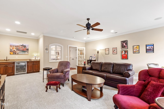 4164 English Garden Way, Raleigh, NC 27612 - living room featuring wine cooler, bar with sink, recessed lighting, light colored carpet, and ceiling fan