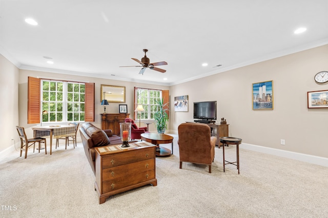 4164 English Garden Way, Raleigh, NC 27612 - living room with recessed lighting, a ceiling fan, crown molding, and light colored carpet