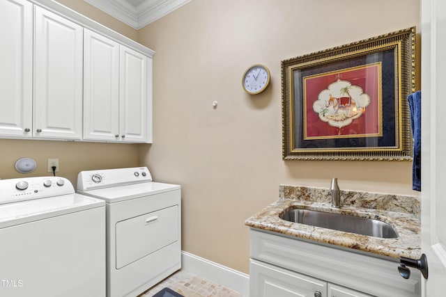 4164 English Garden Way, Raleigh, NC 27612 - laundry room with independent washer and dryer, cabinet space, and ornamental molding