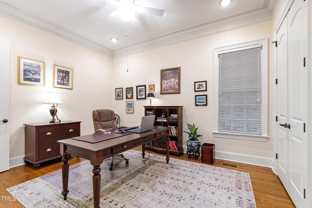 4164 English Garden Way, Raleigh, NC 27612 - office with a ceiling fan, crown molding, light wood-style floors, and recessed lighting