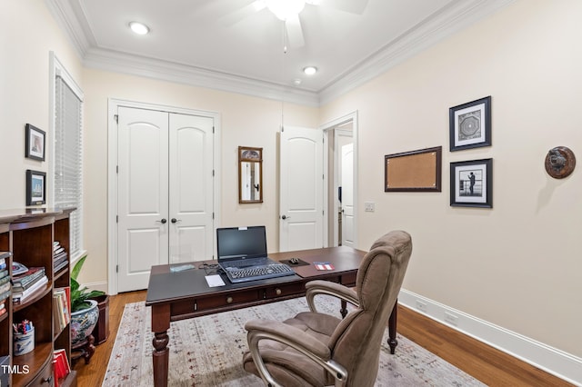 4164 English Garden Way, Raleigh, NC 27612 - home office featuring ceiling fan, wood finished floors, recessed lighting, and crown molding