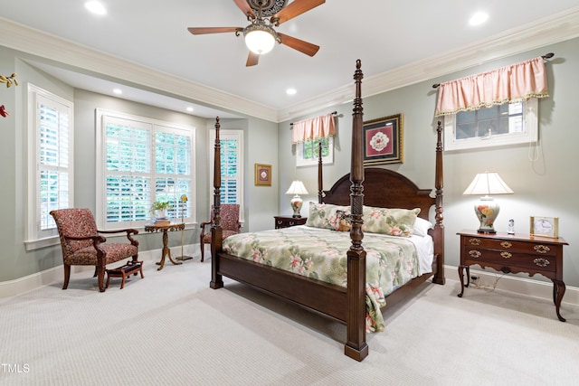 4164 English Garden Way, Raleigh, NC 27612 - carpeted bedroom featuring ornamental molding, a ceiling fan, and recessed lighting