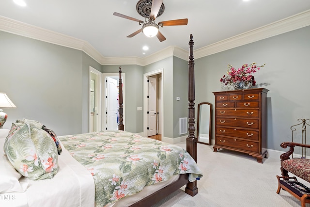 4164 English Garden Way, Raleigh, NC 27612 - bedroom with ornamental molding, light colored carpet, recessed lighting, and ceiling fan