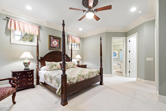 4164 English Garden Way, Raleigh, NC 27612 - bedroom with carpet, crown molding, ensuite bathroom, recessed lighting, and a ceiling fan