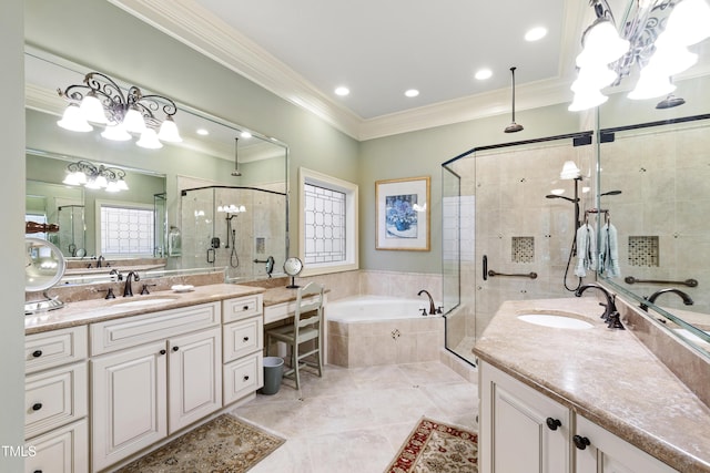 4164 English Garden Way, Raleigh, NC 27612 - full bathroom with a stall shower, crown molding, a garden tub, two vanities, and recessed lighting