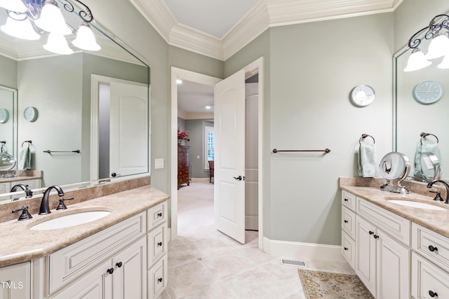 4164 English Garden Way, Raleigh, NC 27612 - bathroom featuring crown molding, two vanities, and tile patterned flooring