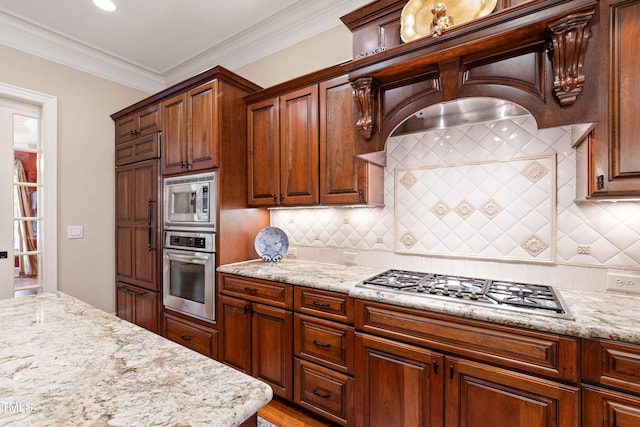 4164 English Garden Way, Raleigh, NC 27612 - kitchen featuring stainless steel appliances, light stone counters, decorative backsplash, and crown molding