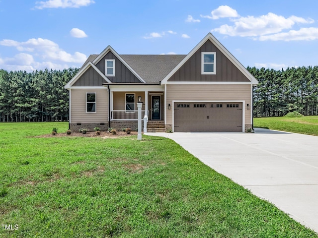 10 Hermitage, Franklinton, NC 27525 - craftsman house featuring board and batten siding, covered porch, concrete driveway, a front yard, and crawl space