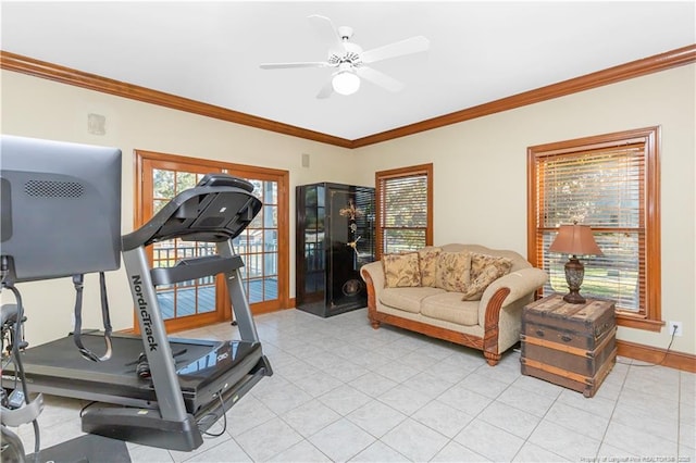387 Three Bridge Rd, Dunn, NC 28334 - workout area with crown molding, healthy amount of natural light, and a ceiling fan