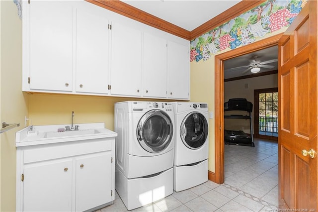 387 Three Bridge Rd, Dunn, NC 28334 - laundry room with cabinet space, separate washer and dryer, light tile patterned flooring, crown molding, and a ceiling fan