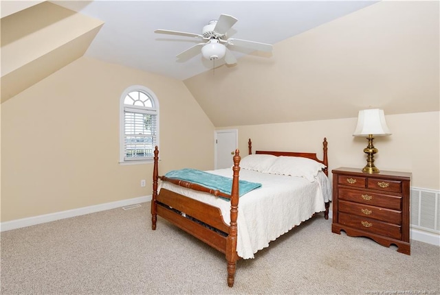 387 Three Bridge Rd, Dunn, NC 28334 - bedroom featuring carpet, lofted ceiling, and a ceiling fan