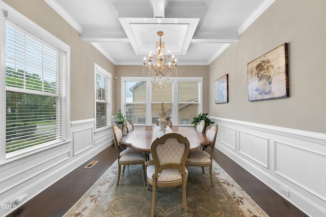 1089 Queensdale Dr, Cary, NC 27519 - dining area featuring dark wood-type flooring, coffered ceiling, a chandelier, beamed ceiling, and crown molding