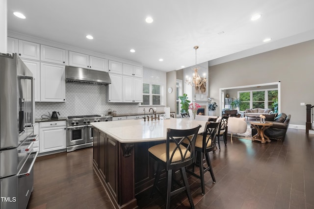 1089 Queensdale Dr, Cary, NC 27519 - kitchen featuring appliances with stainless steel finishes, under cabinet range hood, dark wood finished floors, white cabinetry, and decorative backsplash