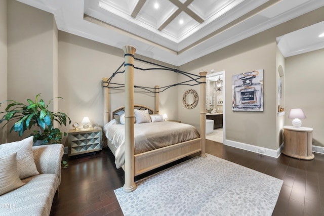 1089 Queensdale Dr, Cary, NC 27519 - bedroom featuring ornamental molding, dark wood-type flooring, coffered ceiling, beam ceiling, and recessed lighting