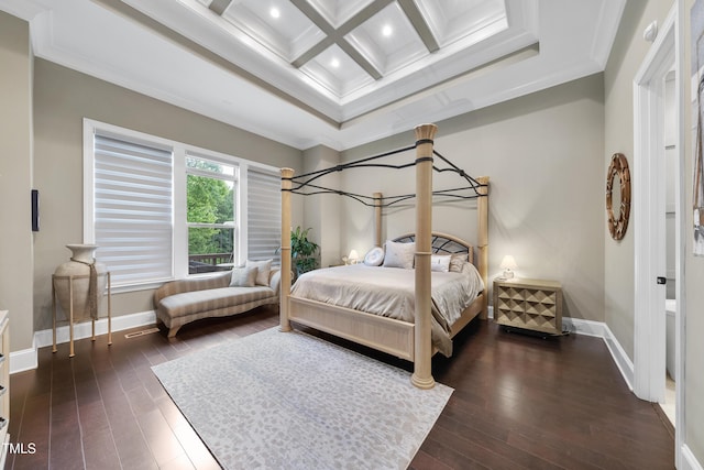 1089 Queensdale Dr, Cary, NC 27519 - bedroom with beam ceiling, coffered ceiling, ornamental molding, dark wood finished floors, and recessed lighting