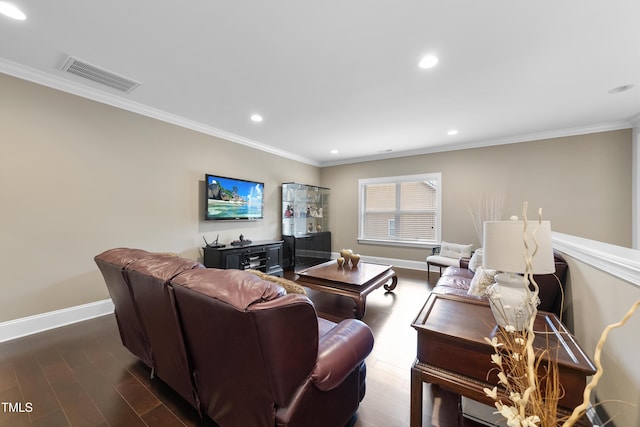 1089 Queensdale Dr, Cary, NC 27519 - living area featuring ornamental molding, recessed lighting, and dark wood-style flooring