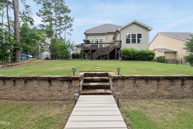 1089 Queensdale Dr, Cary, NC 27519 - rear view of house with stairway, a wooden deck, and a fenced backyard