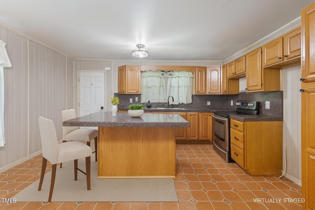 3702 Danube Ln, Durham, NC 27704 - kitchen featuring stainless steel range with electric cooktop, dark countertops, a kitchen breakfast bar, a center island, and tasteful backsplash