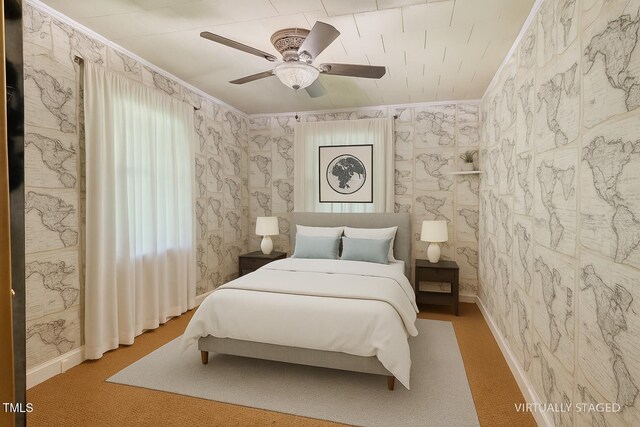 3702 Danube Ln, Durham, NC 27704 - bedroom featuring crown molding, carpet floors, and a ceiling fan
