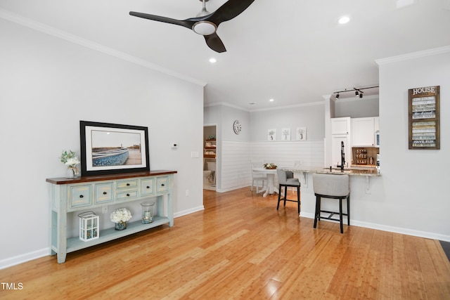 105 Fountain Ridge Pl, Holly Springs, NC 27540 - living area with a ceiling fan, ornamental molding, light wood-type flooring, recessed lighting, and a wainscoted wall