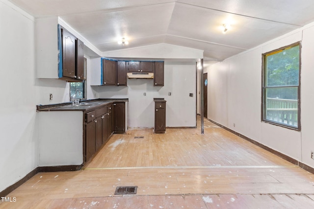 3170 Loblolly Ln, Wake Forest, NC 27587 - kitchen featuring dark countertops, dark brown cabinetry, lofted ceiling, light wood-style flooring, and under cabinet range hood