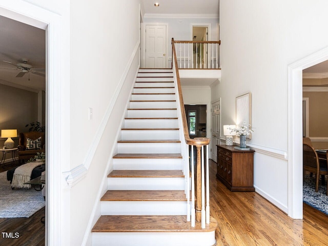 5032 Salem Ridge Rd, Holly Springs, NC 27540 - stairway featuring ornamental molding, wood finished floors, and ceiling fan