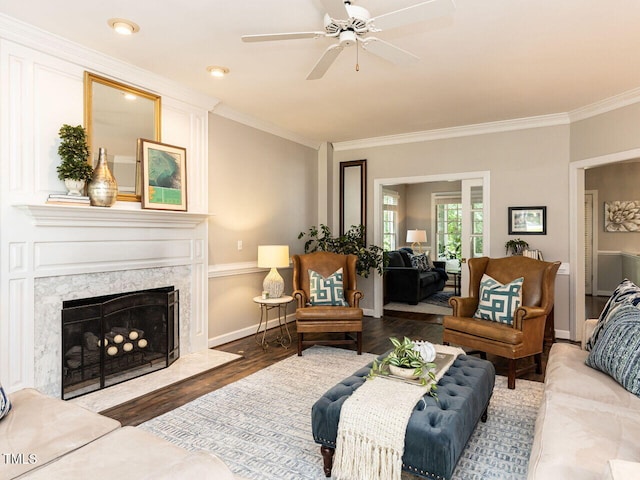 5032 Salem Ridge Rd, Holly Springs, NC 27540 - living room with crown molding, ceiling fan, wood finished floors, and a premium fireplace