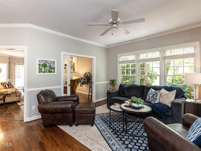5032 Salem Ridge Rd, Holly Springs, NC 27540 - living area featuring ornamental molding, wood finished floors, and a ceiling fan