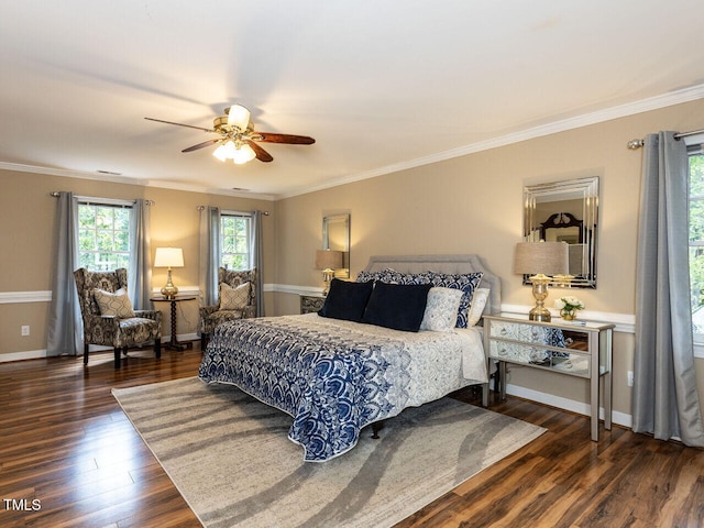 5032 Salem Ridge Rd, Holly Springs, NC 27540 - bedroom featuring ornamental molding, dark wood finished floors, and a ceiling fan