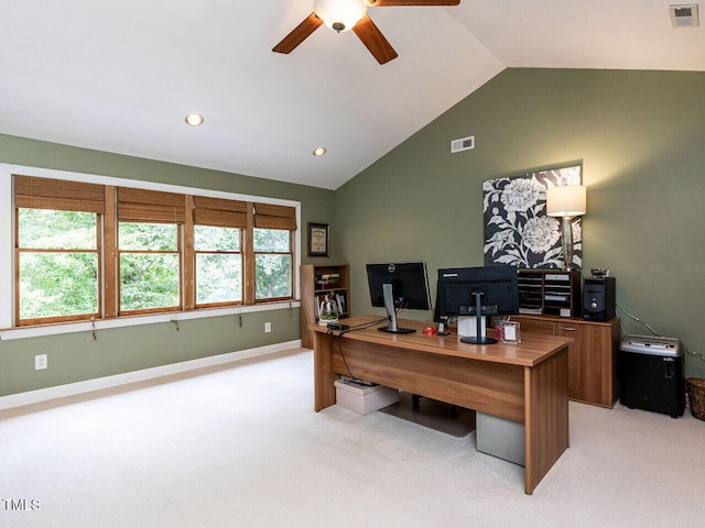 5032 Salem Ridge Rd, Holly Springs, NC 27540 - home office with vaulted ceiling, a ceiling fan, light carpet, and recessed lighting