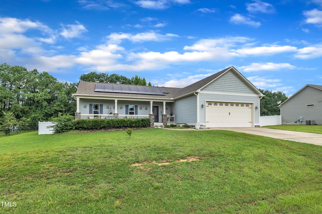 115 Creech Place Dr, Benson, NC 27504 - craftsman inspired home featuring a porch, an attached garage, driveway, and solar panels