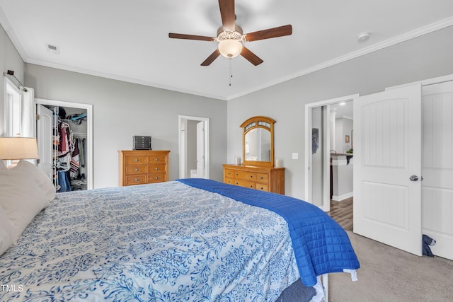 115 Creech Place Dr, Benson, NC 27504 - bedroom featuring crown molding, carpet flooring, a spacious closet, a ceiling fan, and connected bathroom