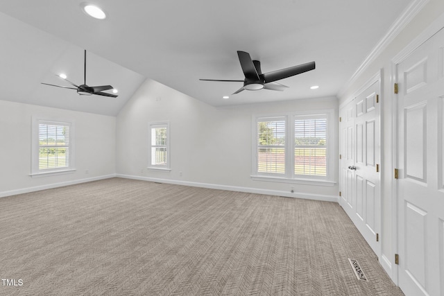 7390 NC-50, Angier, NC 27501 - unfurnished bedroom featuring light colored carpet, vaulted ceiling, a ceiling fan, and recessed lighting